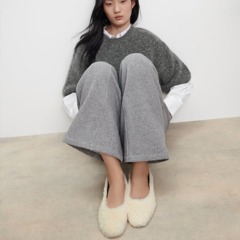 Zara Square Toe Fur Ballet Flat Ecru White Size 8